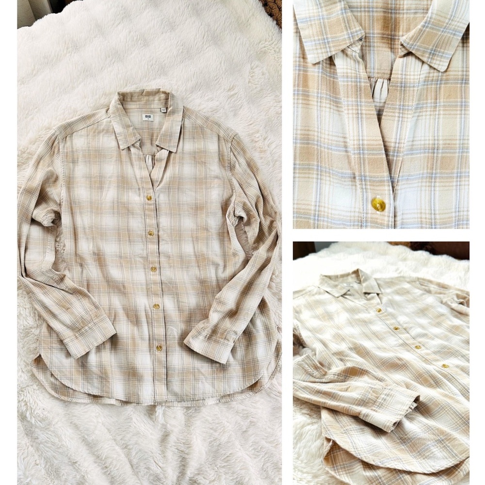 Uniqlo Cotton Light Beige Plaid Button-Down Shirt